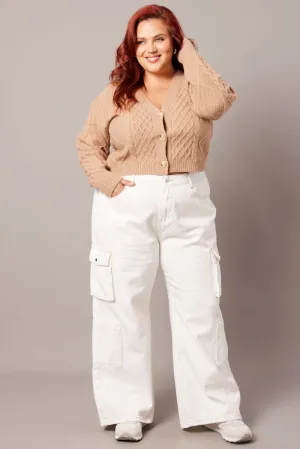 Beige Cable Knit Cardigan V-neck Crop